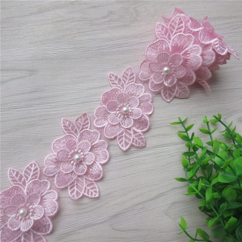 SHBBON 2 Yards 3D Flower Lace Trim Pearl Embroidered Polyester Lace Ribbon Fabric Applique Patchwork for Wedding Dress Handmade DIY Sewing Craft Supplies Decoration (Pink) - Image 5